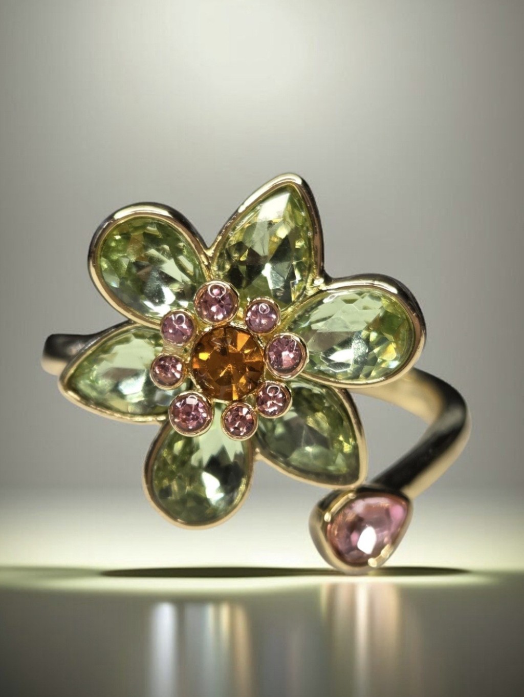 18k Gold Plated Designer Botanical Flower Crystal Cocktail Ring